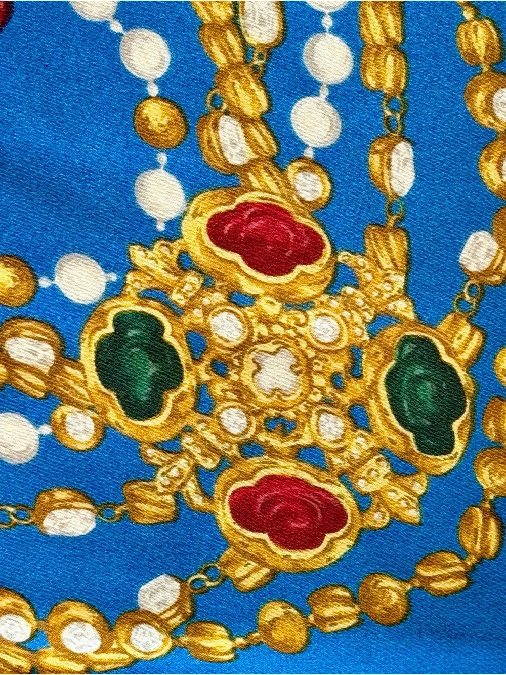 CHANEL Gripoix Blue Silk Scarf with Gold Chain and Red & Green Medallions